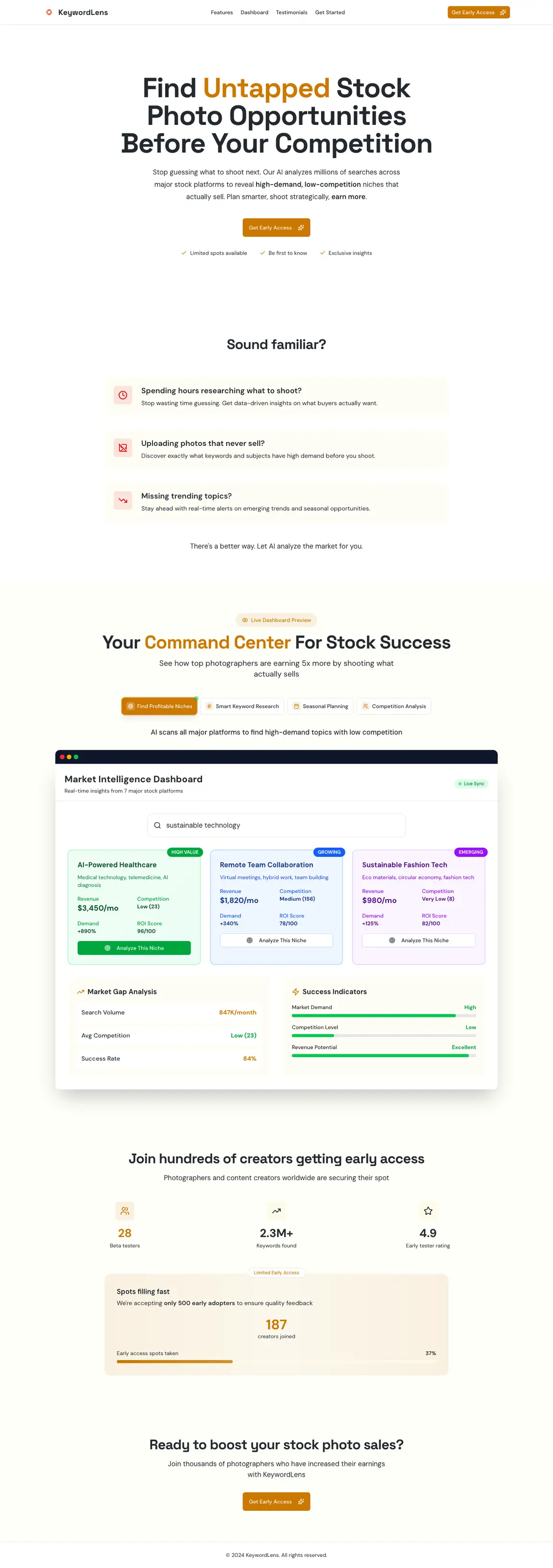 KeywordLens interface showing keyword demand analysis for stock media platforms