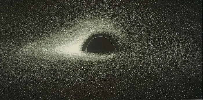 Jean-Pierre Luminet's hand-drawn simulation of a black hole, 1979, showing the gravitational lensing of the accretion disk