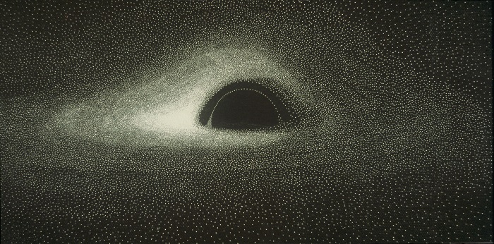 Jean-Pierre Luminet's hand-drawn simulation of a black hole, 1979, showing the gravitational lensing of the accretion disk